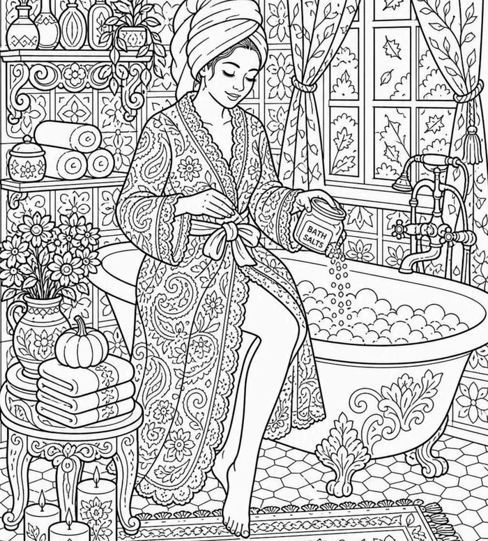 Bath Time coloring page: full scene