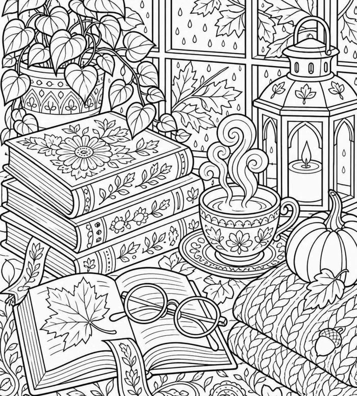 Cozy Reading Nook coloring page: intricate close-up
