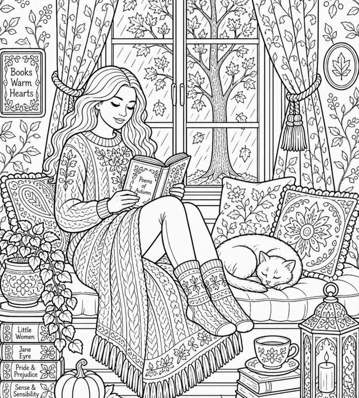 Cozy Reading Nook coloring page: full scene