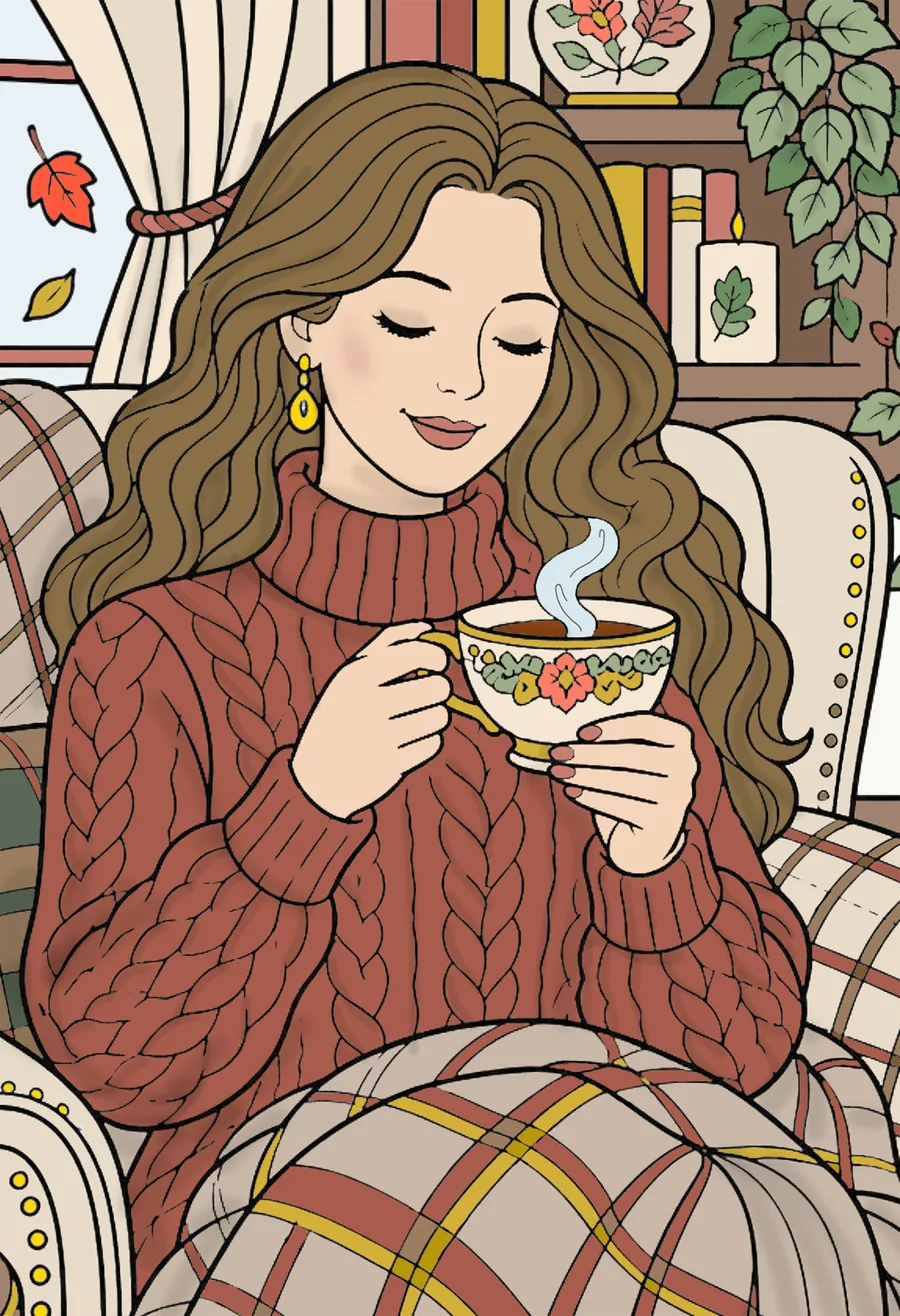 Colored illustration of a woman in a rust sweater sipping tea in an armchair