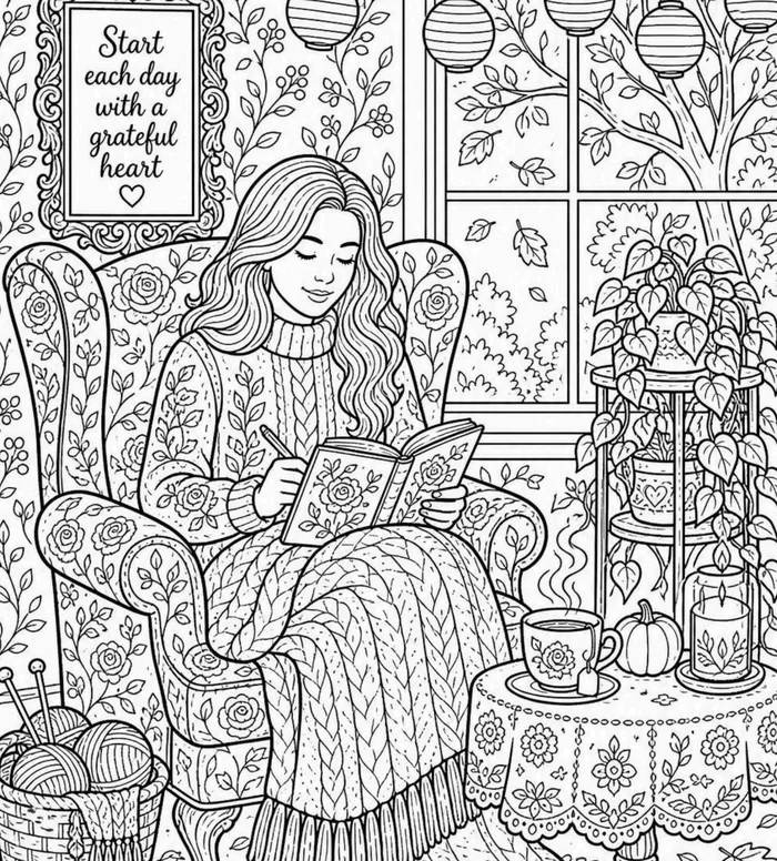 Gratitude Practice coloring page: full scene