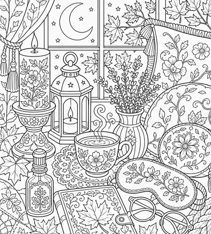 Sleep Preparation coloring page: intricate close-up