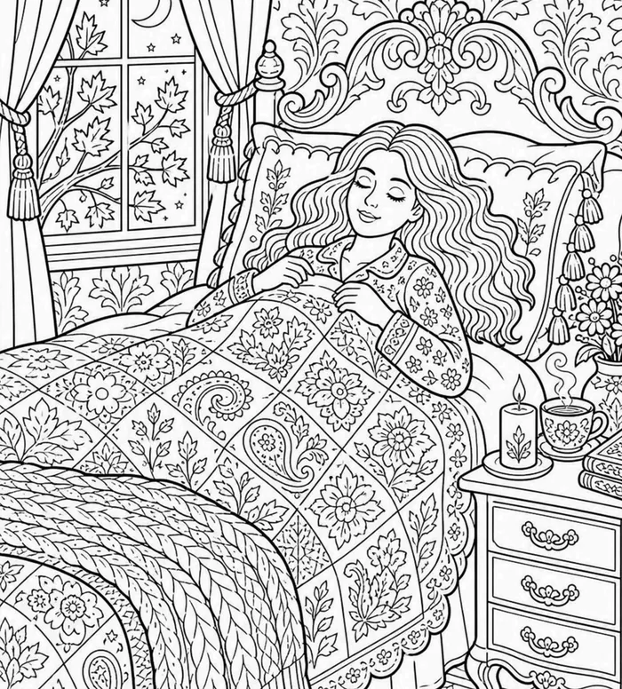 Sleep Preparation coloring page: full scene