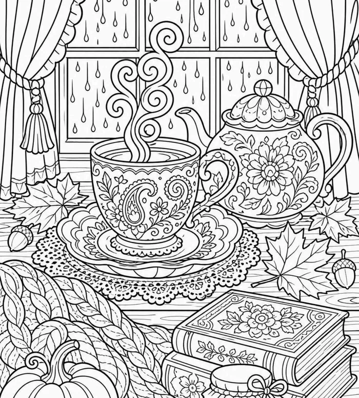 Tea Ritual coloring page: intricate close-up