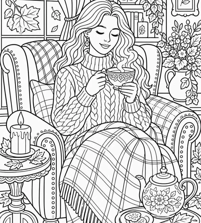 Tea Ritual coloring page: full scene